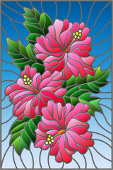 Illustration in stained glass style with flowers and leaves  of hibiscus on a blue background