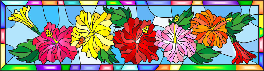 Illustration in stained glass style with flowers and leaves  of hibiscus on a blue background in bright frame