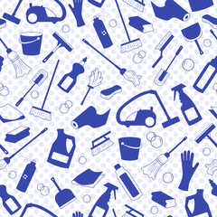 Fototapeta na wymiar Seamless pattern on the theme of cleaning and household equipment and cleaning products,a blue silhouettes of icons on the background of polka dots