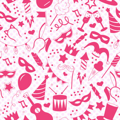 Seamless pattern on the theme of masquerade and carnival ,a pink silhouettes of icons on the background of polka dots