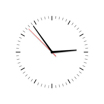 Clock vector . Flat. Classic black and white round wall clock isolated on white. Clock face with shadow on white background. Vector illustration