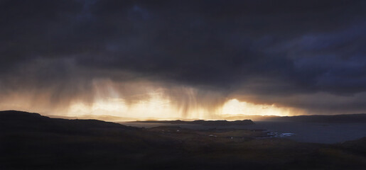 Heavy rain storm over Loch Ewe, Scottish Highlands, Scotland, UK.