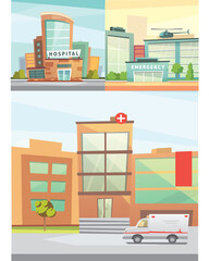 Hospital building cartoon modern vector illustration. Medical Clinic and city background. Emergency room exterior