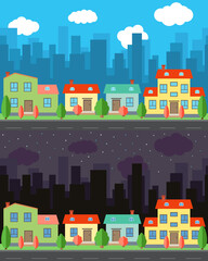 Vector city with four one and two-story cartoon houses in the day and night. Summer urban landscape. Street view with cityscape on a background
