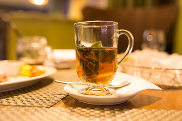 A glass of mint tea in a restaurant