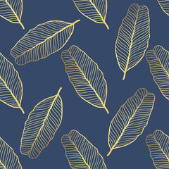 Seamless vector tropical pattern. Tropical gold leaves, jungle leaves.