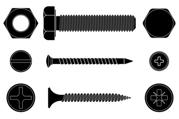 Metal bolt screws. Collection of black icons - obrazy, fototapety, plakaty