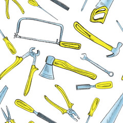 Handsaw, coping saw, chisel, bradawl, hammer, file, screwdriver, wrench, pliers and axe, seamless pattern design, hand drawn doodle, sketch in pop art style, color illustration, white background