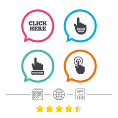 Click here signs. Hand press icons.