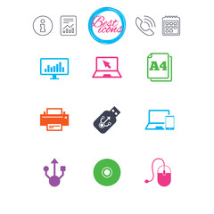 Computer devices icons. Printer, laptop signs.