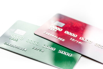 work place with business credit cards for payment on white desk background close up