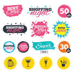 Alcoholic drinks signs. Champagne, beer icons.