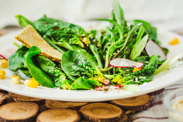 Summer salad with green,corn, radish, sesame and crispy crackers