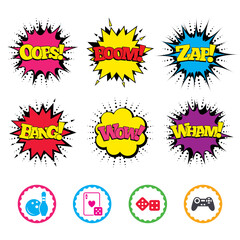 Bowling and Casino signs. Video game joystick.