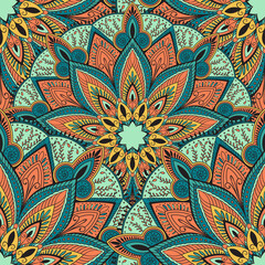 Vector seamless pattern with abstract ornament. Round mandala pattern for printing on fabric or paper.