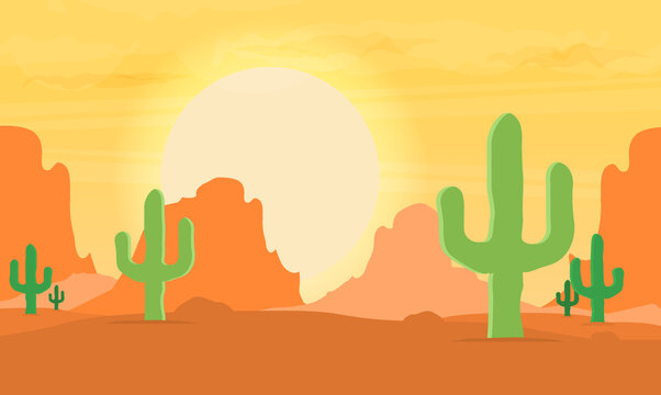 Western desert landscape at sunset vector illustration.