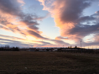 Twilight sunset, colorful cloud, dry land, Iceland