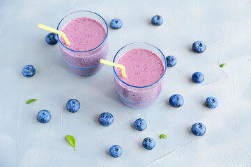 Fresh Cold Blueberry Smoothie in Glass Top View