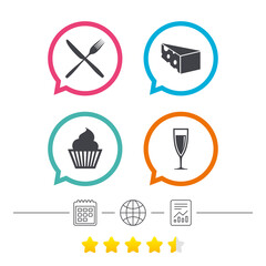 Food icons. Muffin cupcake symbol. Fork, knife.