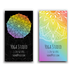 Cards template for yoga studio. Isolated vector editable pattern with front and back side of flyer.