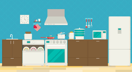 Interior of kitchen, pans on the stove, cooking. Vector illustration in flat style