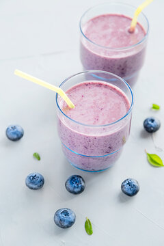 Fresh Cold Blueberry Smoothie in Glass