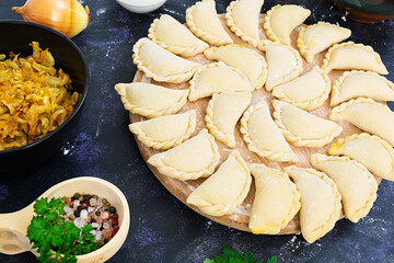 Delicious dumplings with cabbage on dark background