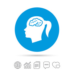 Head with brain sign icon. Female woman head.