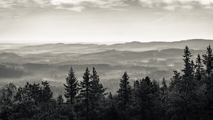 Scenic landscape at day time in Koli, national park. Black and white style.