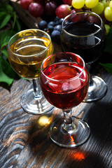 assortment different wine on dark wooden background, vertical top view