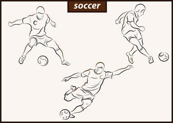 Set of a vector illustration shows a football player kicks the ball. Soccer