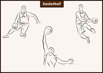 Set of a vector illustration shows a basketball player in the attack. Sport. Basketball