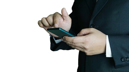 Businessman isolated. A man in black suit is touching a phone screen with his finger. Now, The people like to use the smart phone for everyday.