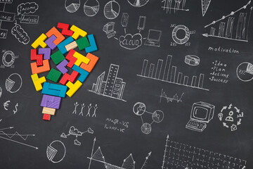 Fototapeta premium concept - sketch with schemes and graphs on chalkboard