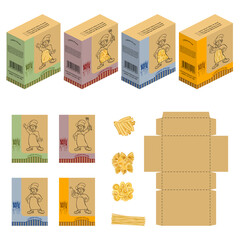 Set of rectangle box design isolated on white background. Container die-stamping folding packaging. Ready Pack. Dry pasta types assortment of spaghetti shells butterflies realistic icons collection