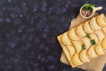 Delicious dumplings with cabbage on dark background. Top view