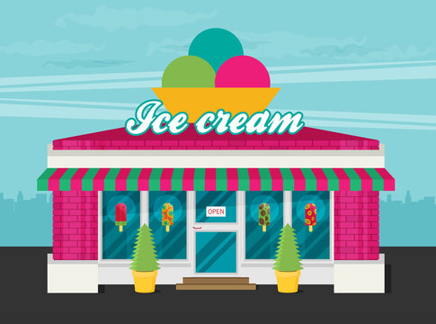 Facade of ice cream shop flat vector.
