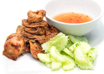 Fried fish patty on white background.