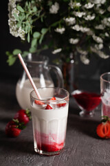 Milkshake of strawberries in a glass on the table