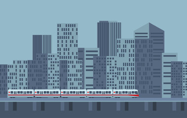 Obraz premium Train on railway with outdoor city landscape. Vector travel concept background.