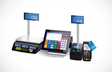 Shop cash register, printer and card payment terminal - retail equipment 