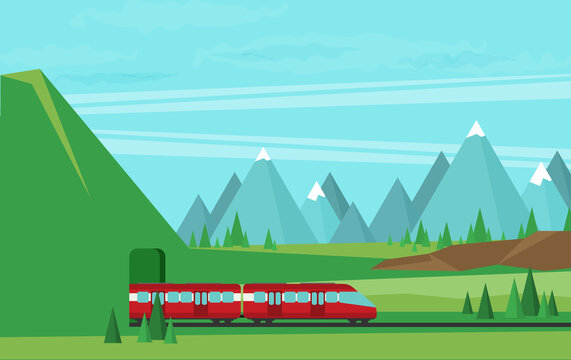 Train on railway. Vector travel concept background.