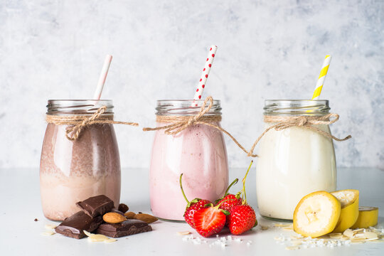 Banana Chocolate And Strawberry Milkshakes