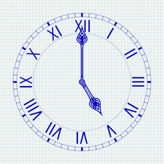 Round clock with roman numerals. Five o'clock