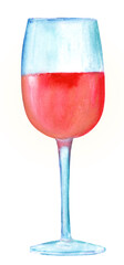 Watercolor drawing of glass of rose wine, isolated on white