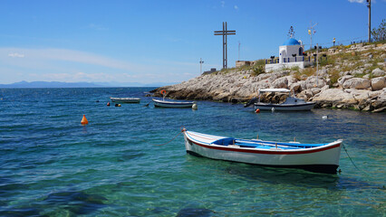 Naklejka na ściany i meble Photo of small picturesque port with chappel of Agios Nikolaos, Peiraeus, Attica, Greece