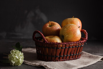 Apples in a basket against a dark background