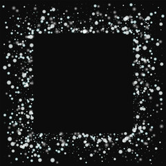 Beautiful falling snow. Square messy frame with beautiful falling snow on black background. Vector illustration.