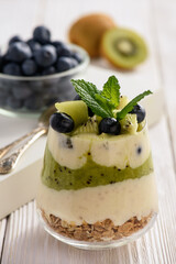 Healthy food -layered dessert with yogurt, muesli, kiwi and blueberry.