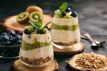 Healthy food -layered dessert with yogurt, muesli, kiwi and blueberry.